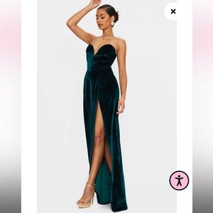 NWT Emerald Green velvet high slit dress prom gown deep v low cut